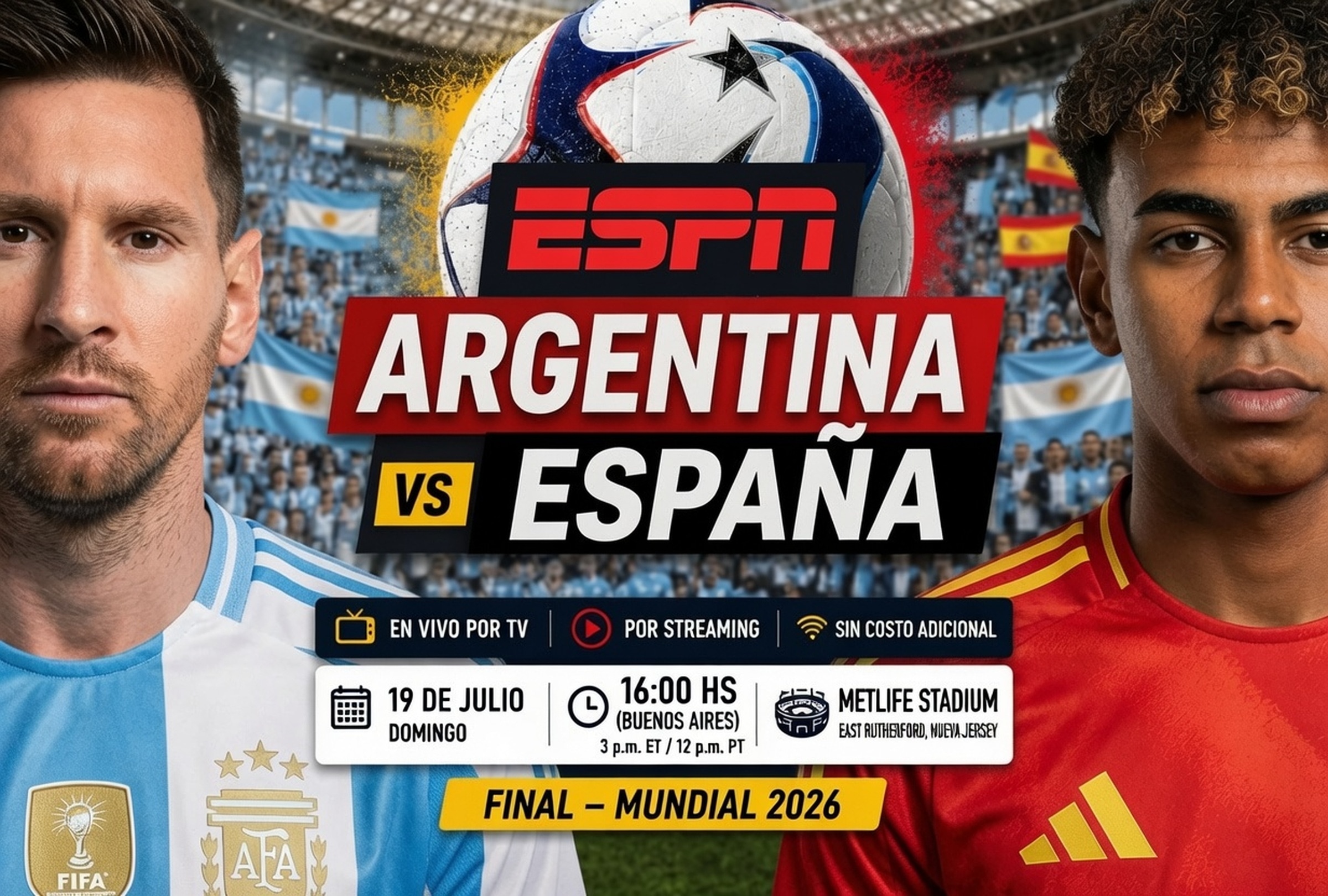 EAST RUTHERFORD, NUEVA JERSEY (ESTADOS UNIDOS), 19/07/2026.- Cobertura oficial de ESPN EN VIVO ONLINE para ver el partido Argentina vs. España hoy por la gran final del Mundial 2026 en el MetLife Stadium de East Rutherford, Nueva Jersey. FOTO DE NOÉ YACTAYO