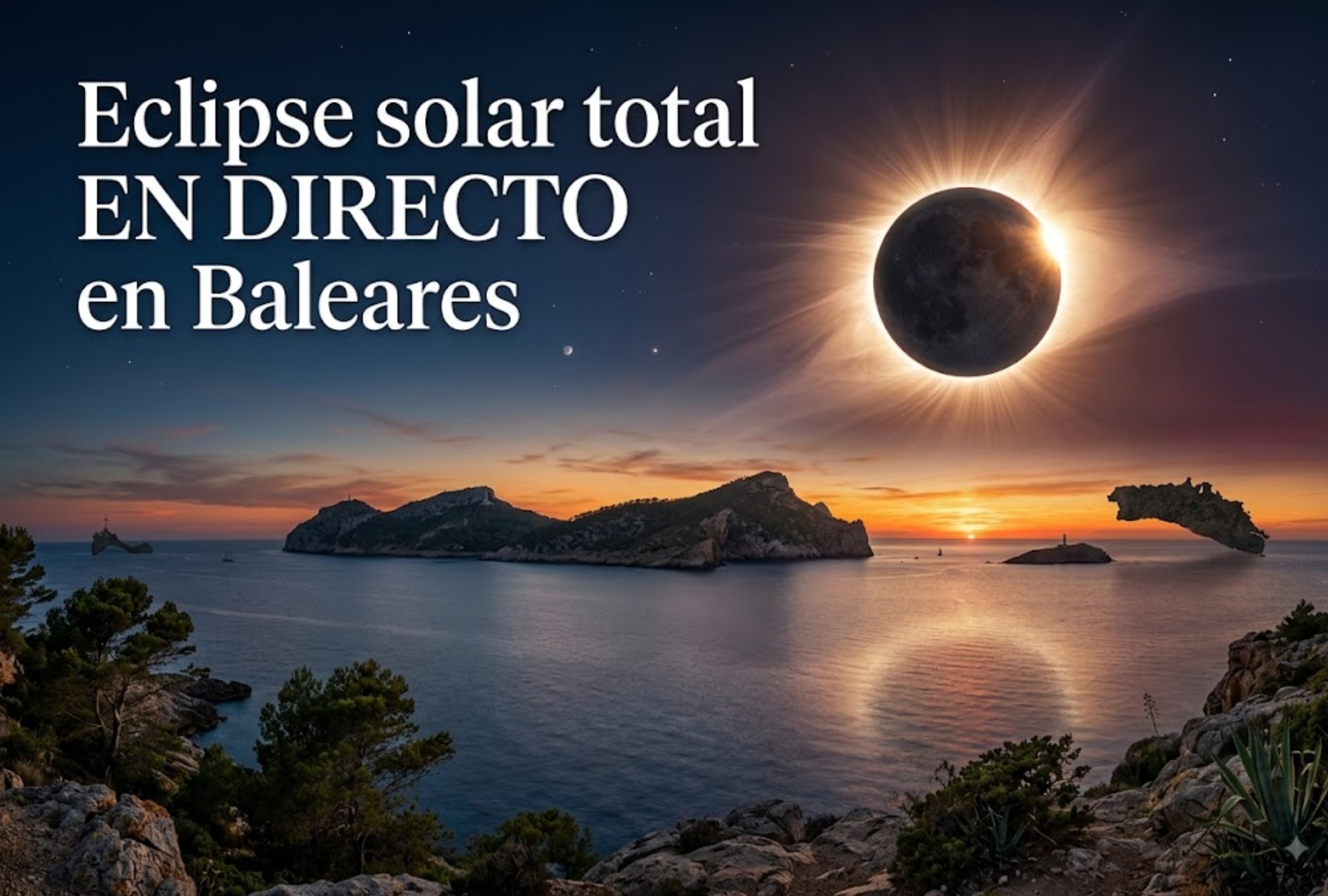 Hora exacta, tiempo de duración, mejores lugares y canal de TV para ver EN DIRECTO el eclipse solar del 12 de agosto en Baleares. FOTO: Imagen creada por la IA de Gemini.