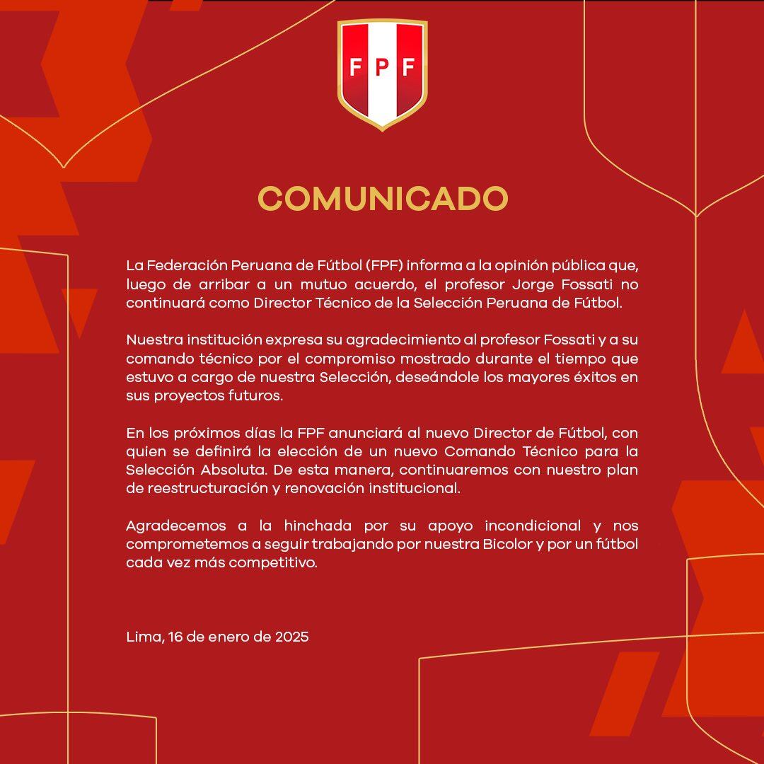 El comunicado de la FPF sobre la salida de Jorge Fossati.