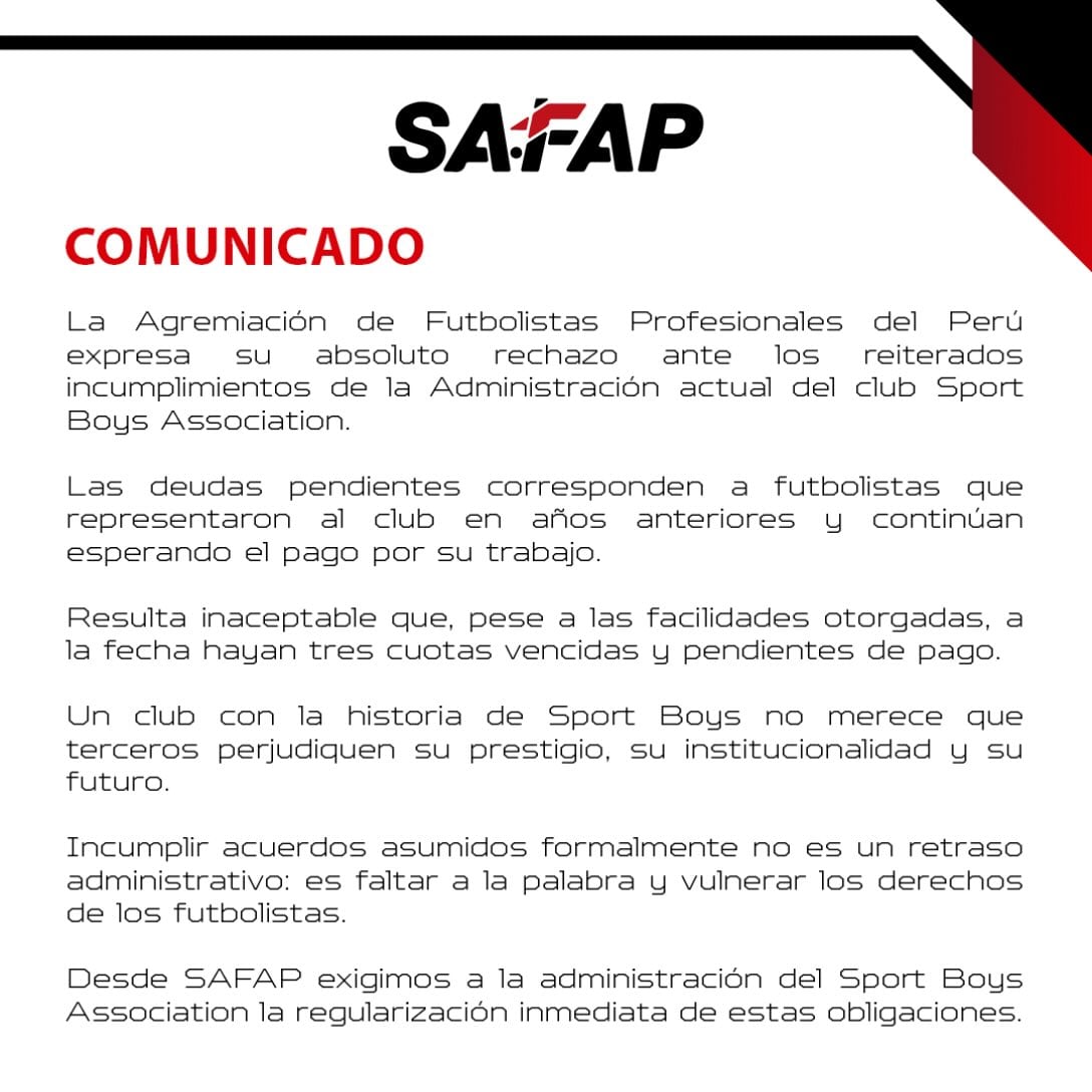 Comunicado de SAFAP sobre incumplimientos de pagos del Club Sport Boys. (Foto: SAFAP)