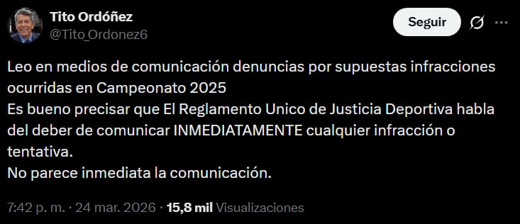 Tito Ordóñez comunicó que no tendría validez que se presente un reclamo varios meses después. (Foto: Captura X)