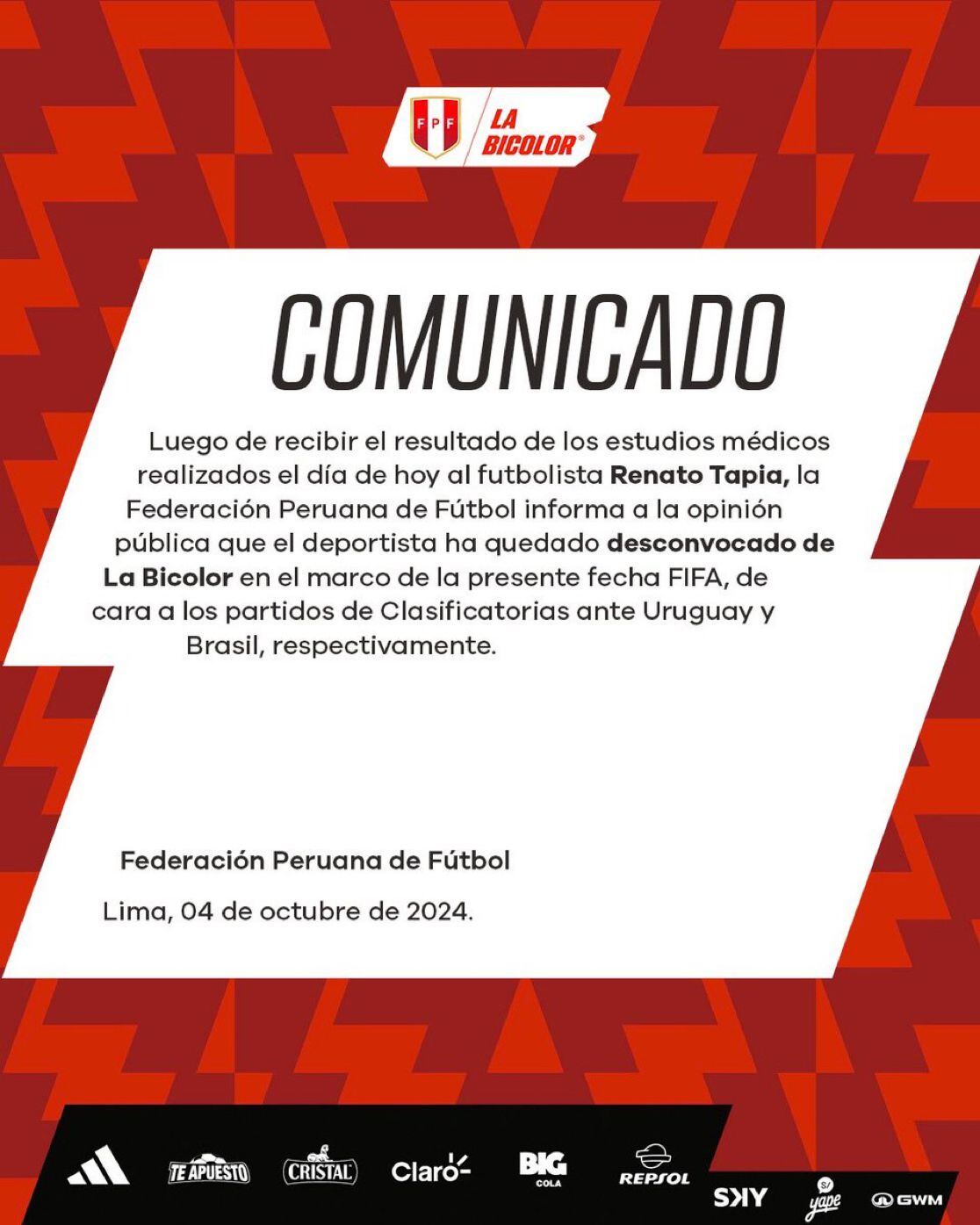 Renato Tapia fue desconvocado para los partidos ante Uruguay y Brasil. (Foto: FPF)