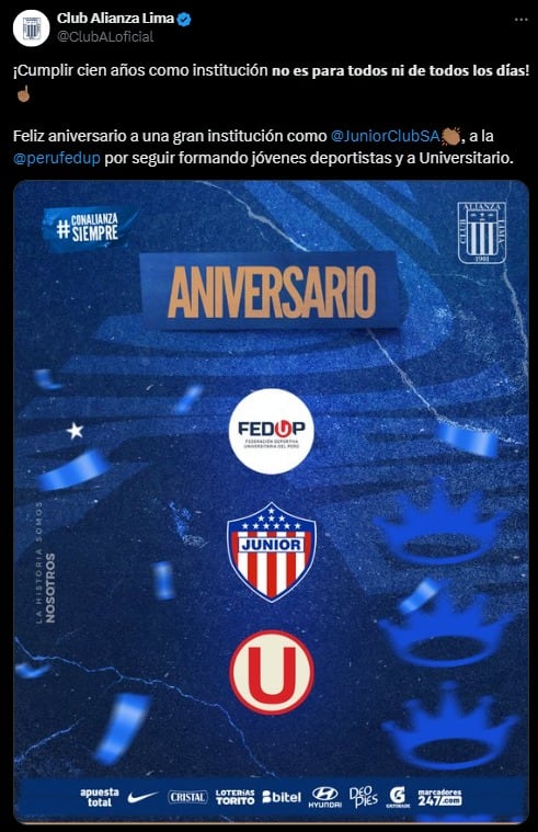 Alianza Lima saludó a Universitario de Deportes por su aniversario. (Captura: X)