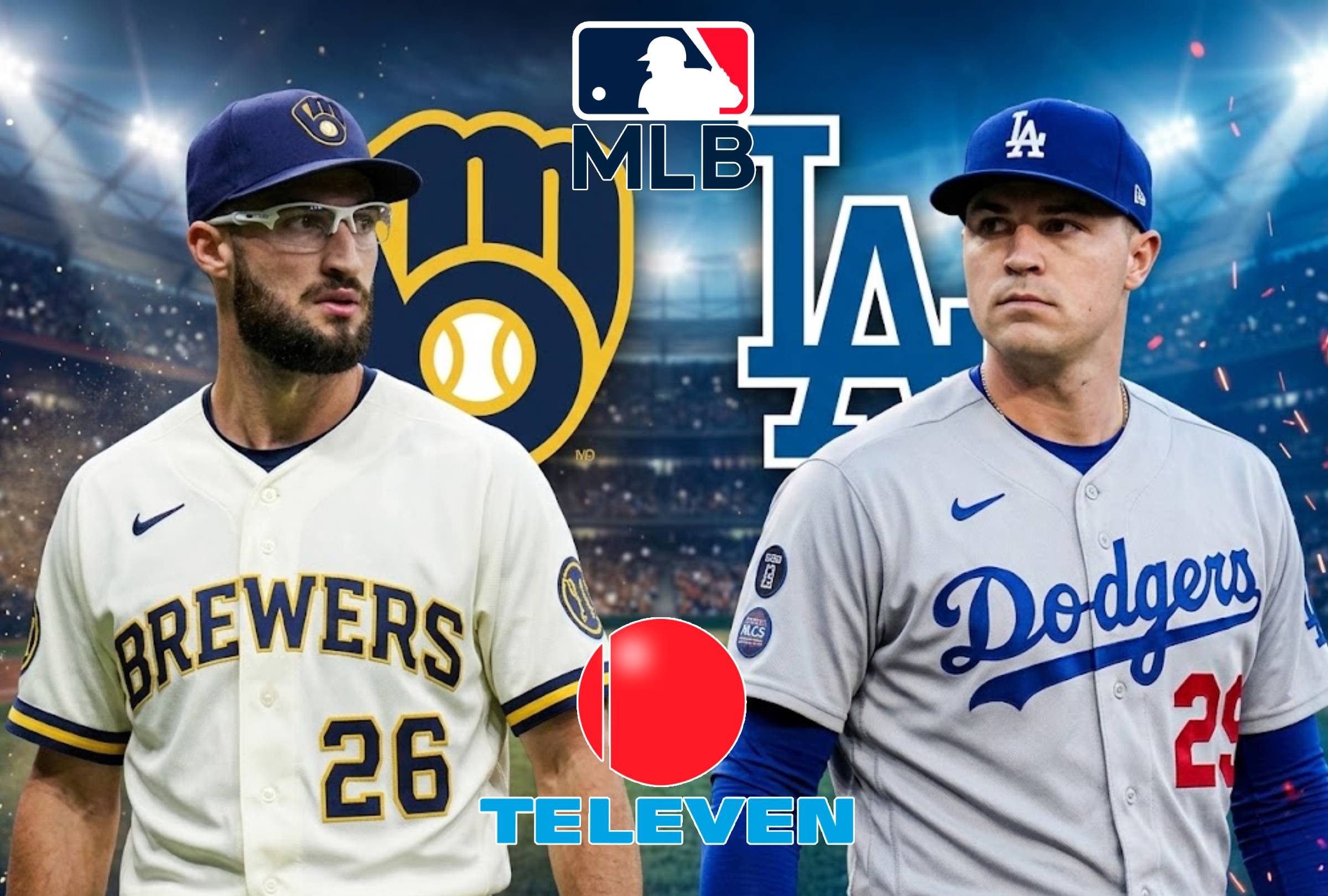 MILWAUKEE, WISCONSIN (ESTADOS UNIDOS), 12/10/2026.- Cobertura oficial de TELEVEN (IVC) EN VIVO ONLINE para ver el juego 2 de Brewers vs. Dodgers hoy por la Serie de Campeonato de la Liga Nacional (NLCS) 2026 en el American Family Field de Milwaukee, Wisconsin. IMAGEN CREADA POR LA IA DE GEMINI CON LOGOS DE MLB.