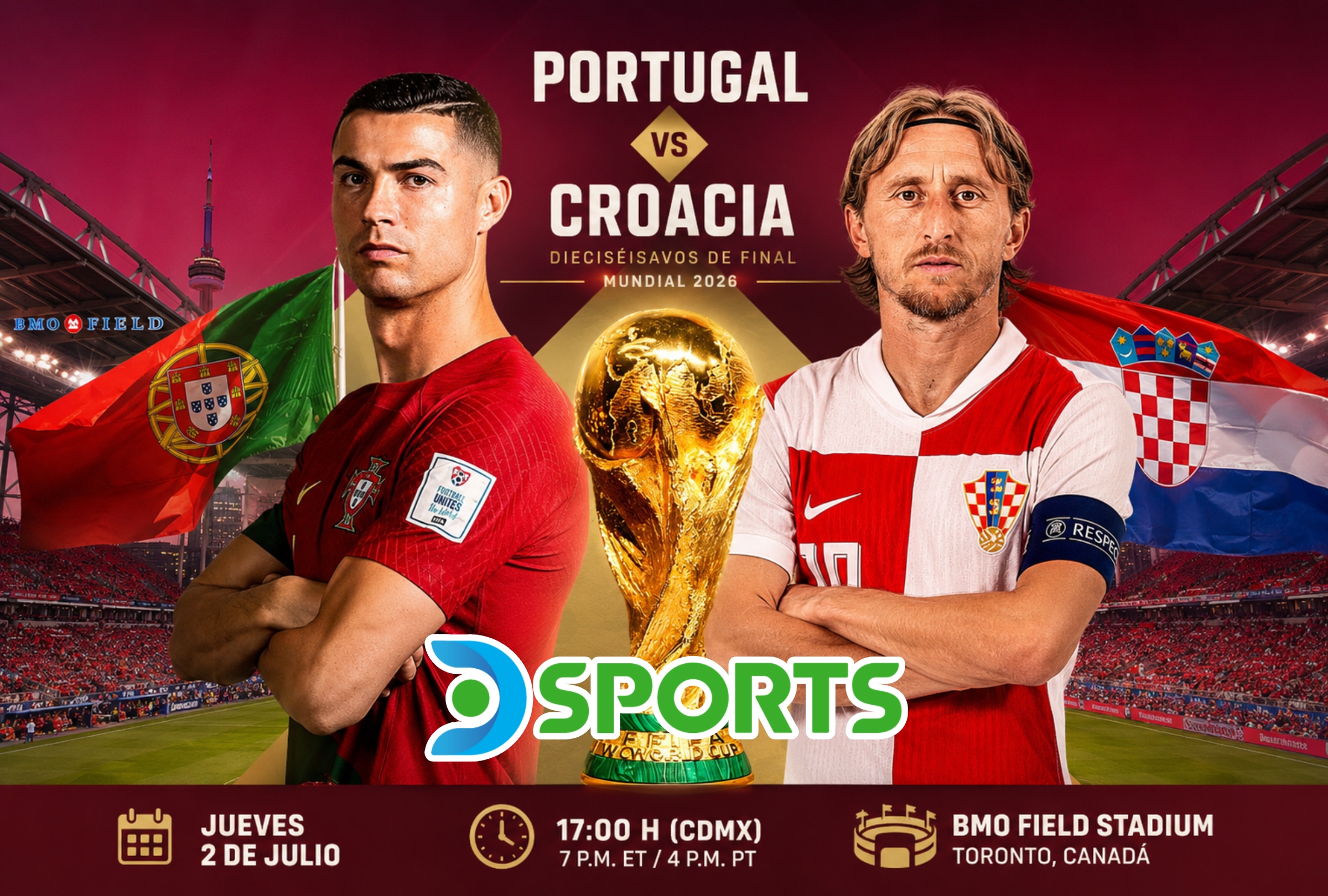 TORONTO (CANADÁ), 02/07/2026.- Cobertura oficial de DIRECTV Sports (DGO) EN VIVO ONLINE para ver el partido Portugal vs. Croacia, con Cristiano Ronaldo, hoy por los dieciseisavos de final del Mundial 2026 en el BMO Field Stadium de Toronto, Canadá. FOTO DE NOÉ YACTAYO