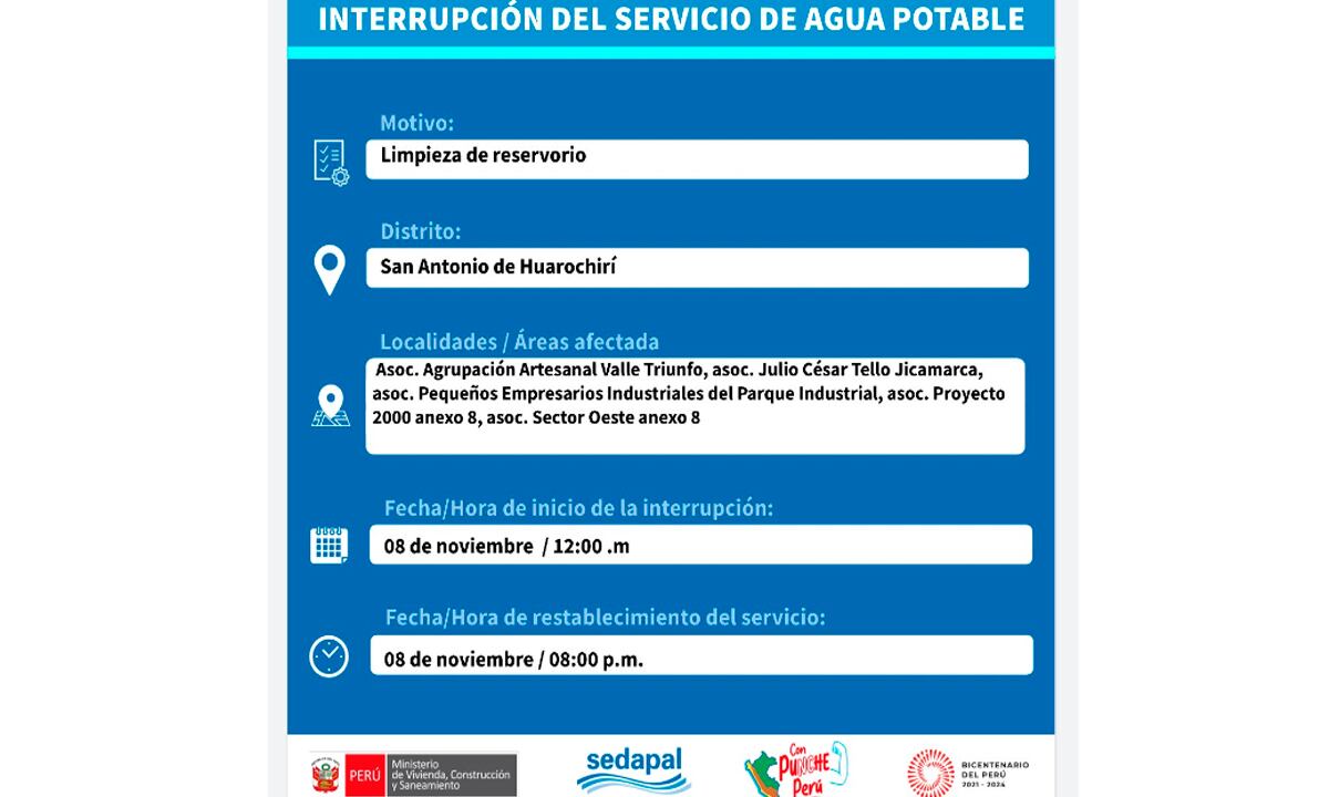 Sedapal informó qué distritos no tendrán agua este 8 de noviembre. (Foto: Twitter)