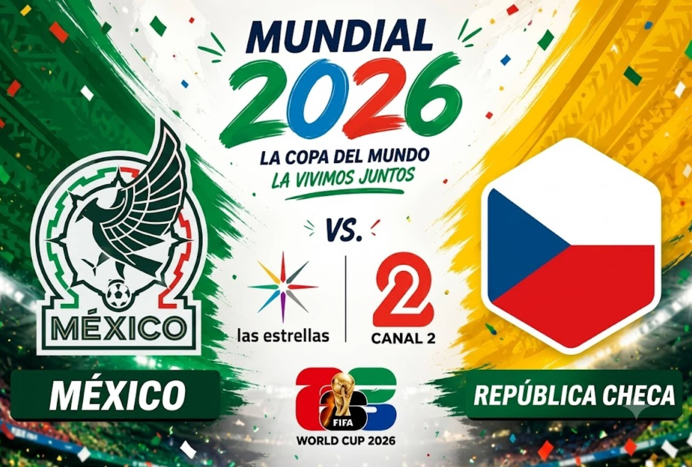 Ciudad de México (México), 24/06/2026. Las Estrellas (Canal 2) transmitirá EN VIVO el partido México vs. República Checa este miércoles 24 de junio por la Jornada 3 del grupo A del Mundial 2026 en el Estadio Ciudad de México, México. FOTO creada por Gemini.
