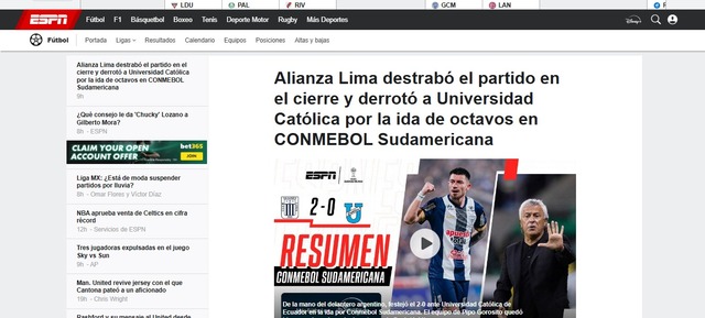 La prensa internacional reaccionó al triunfo de Alianza Lima sobre la Universidad Católica de Ecuador. (Imagen: Captura)