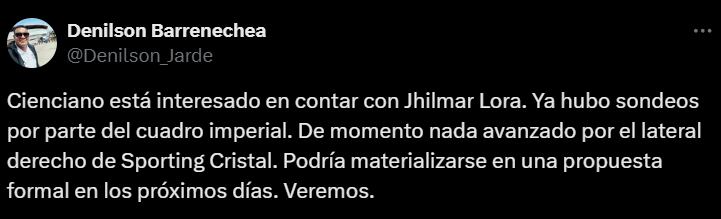 Jhilmar Lora entró en carpeta de Cienciano. (Foto: Captura X)