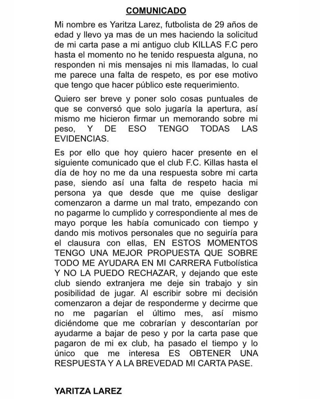 Comunicado de la venezolana Yaritza Lares en sus redes sociales. (Instagram)