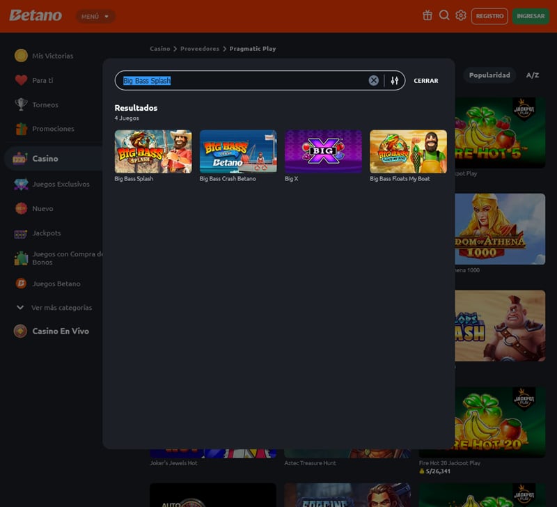 Una vez allí, usa la herramienta de búsqueda y busca el juego Big Bass Splash para encontrarlo más rápido, ¡Selecciónalo y listo!