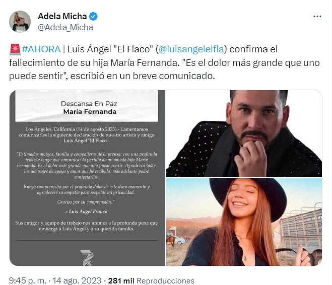 El mensaje de despedida de Luis Ángel "El flaco" a su hija María Fernanda (Foto: Adela Micha/Twitter)