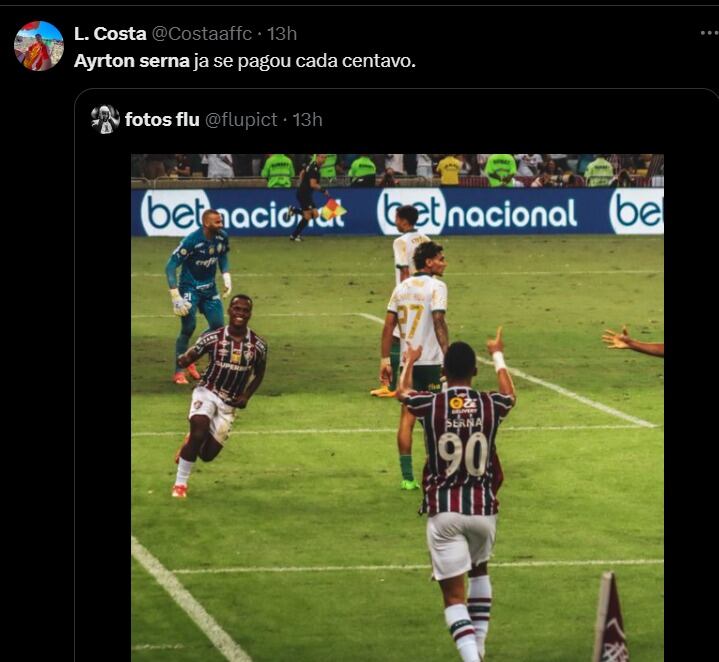 "Ayrton Serna", el nuevo apodo de Kevin Serna en Fluminense. (Captura: X)