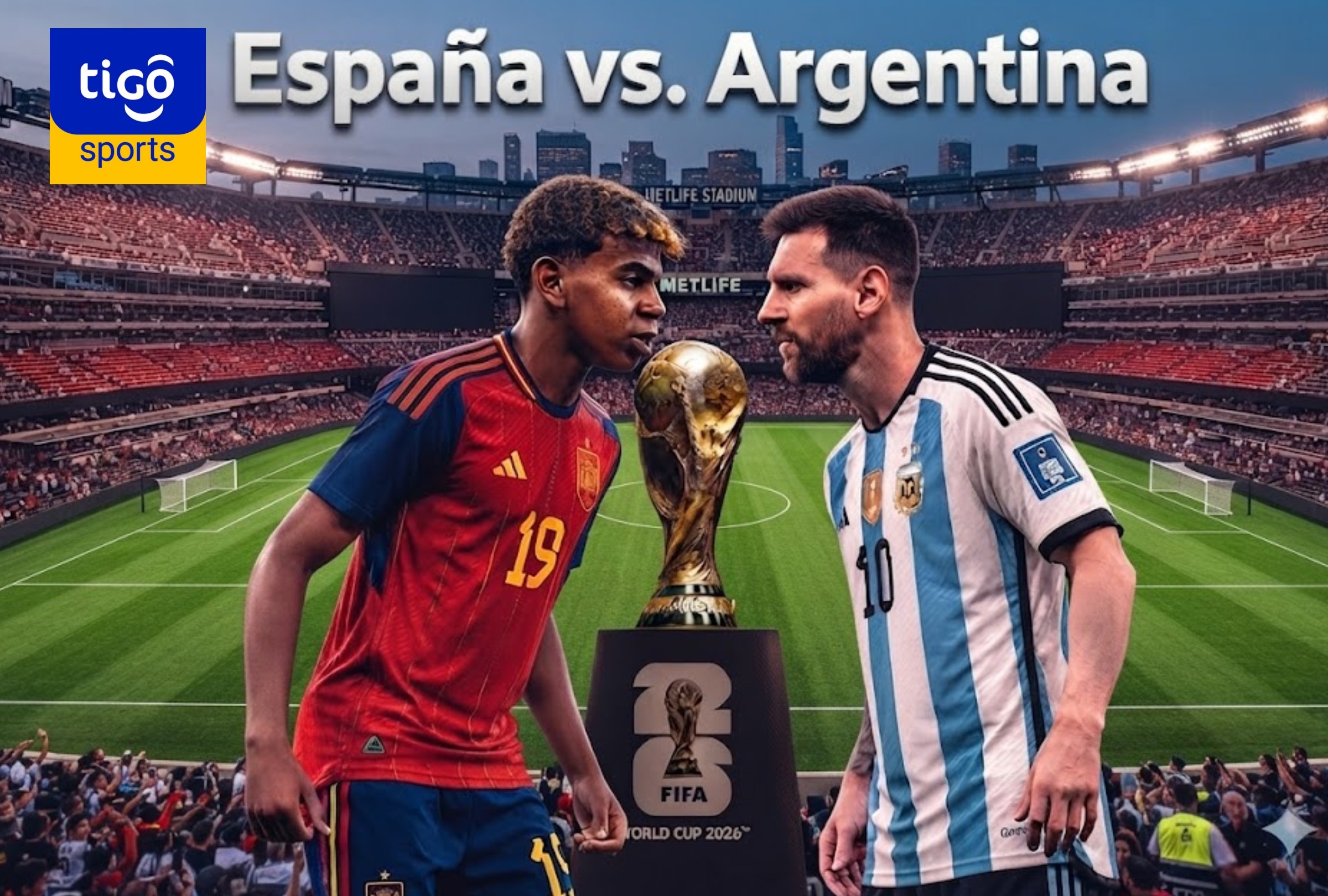 EAST RUTHERFORD, NUEVA YORK, (ESTADOS UNIDOS), 19/07/2026.- TiGo Sports transmitirá EN VIVO la final del Mundial entre España vs. Argentina hoy domingo 19 de julio desde el MetLife Stadium, Nueva York (Nueva Jersey), Estados Unidos. FOTO: Imagen creada por Gemini.
