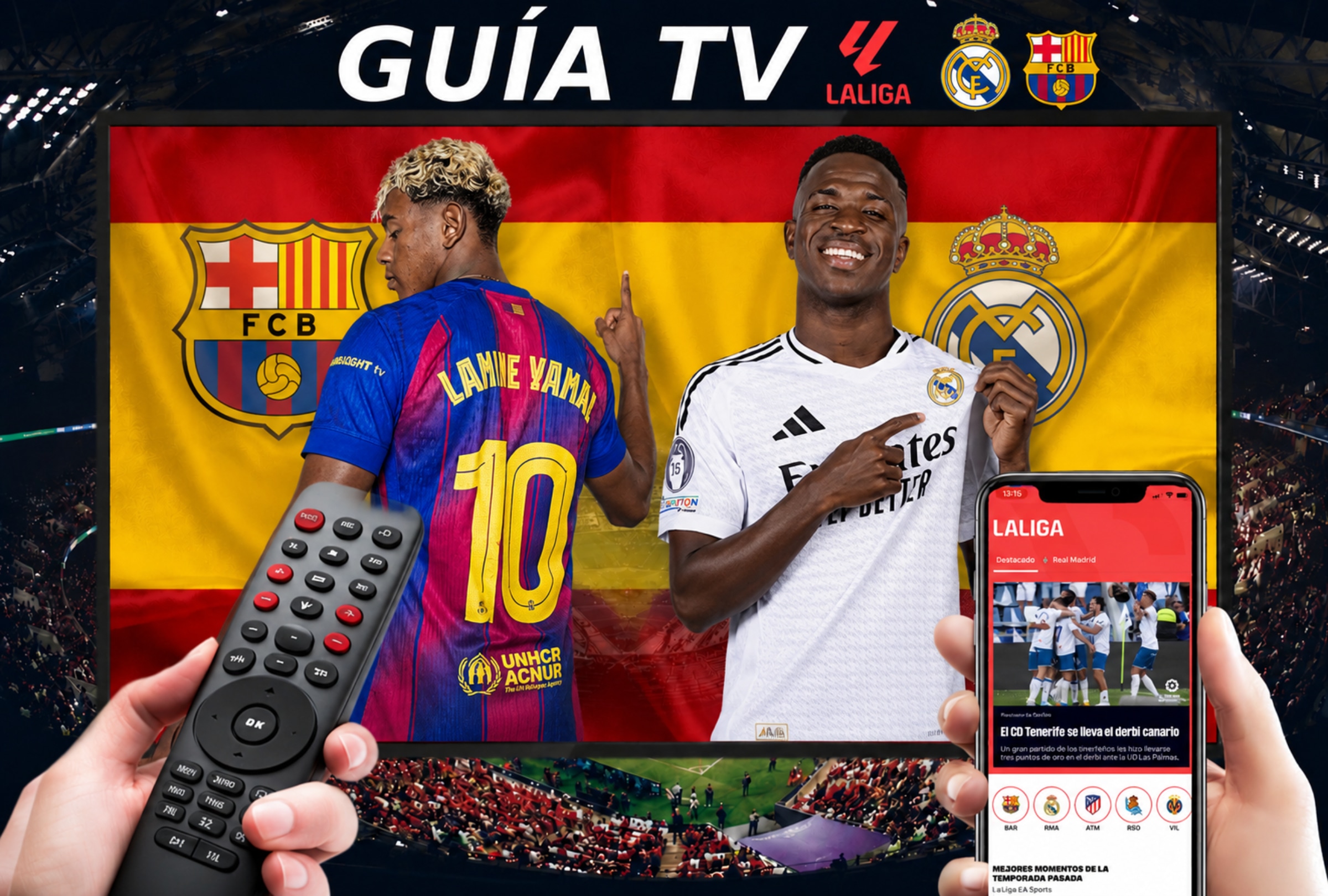 YEDA (ARABIA SAUDITA), 11/01/2026.- Lista de canales de televisión y servicios streaming para ver el partido entre Real Madrid y FC Barcelona este domingo 11 de enero por El Clásico de la gran final de la Supercopa de España 2026 desde Yeda, Arabia Saudita. IMAGEN CREADA POR NOÉ YACTAYO PARA DEPOR.COM