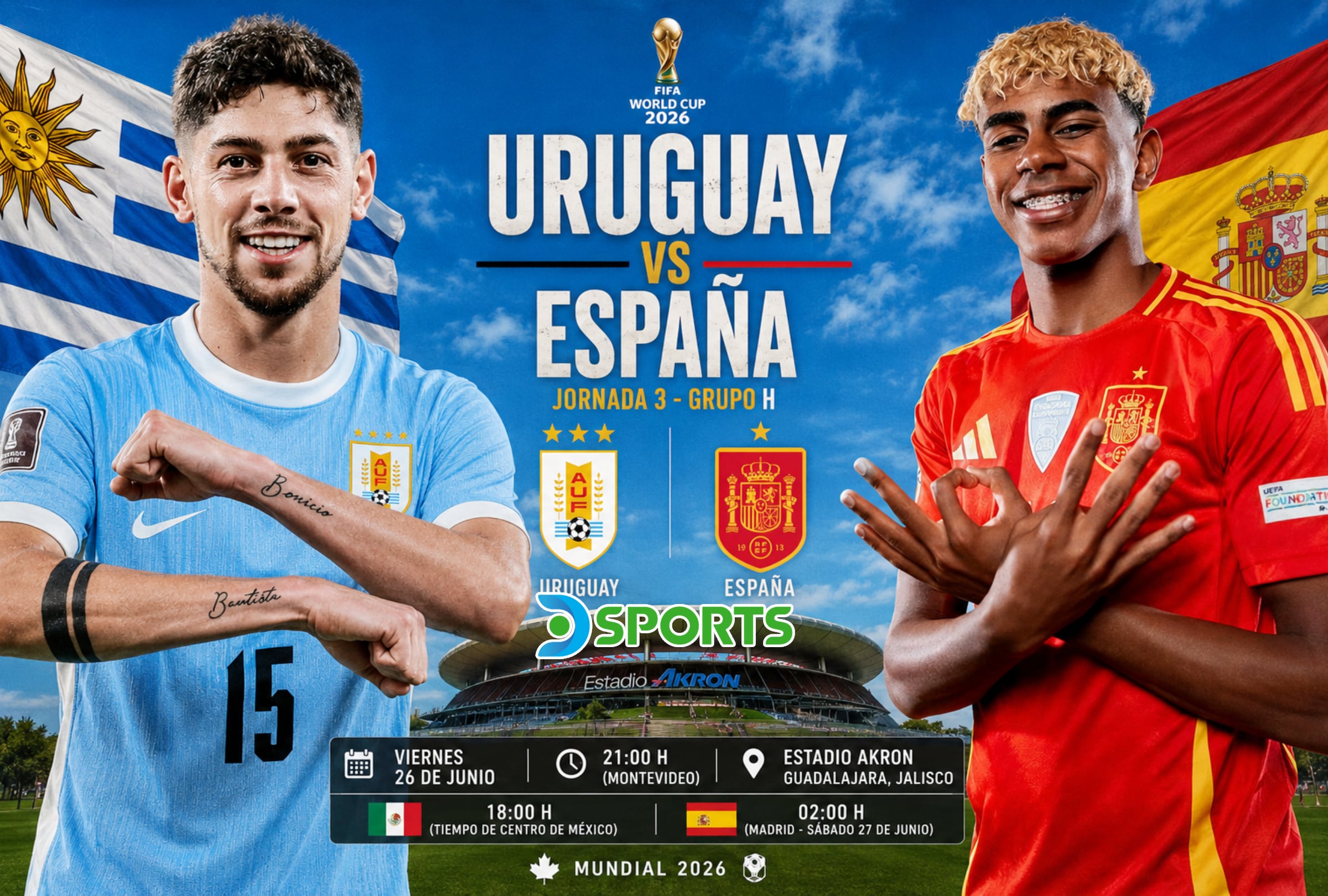 GUADALAJARA, JALISCO (MÉXICO), 26/06/2026.- Cobertura oficial de DIRECTV Sports EN VIVO ONLINE para ver el partido Uruguay vs. España hoy por la tercera jornada del grupo H del Mundial 2026 en el Estadio Akron de Guadalajara, Jalisco. FOTO DE NOÉ YACTAYO