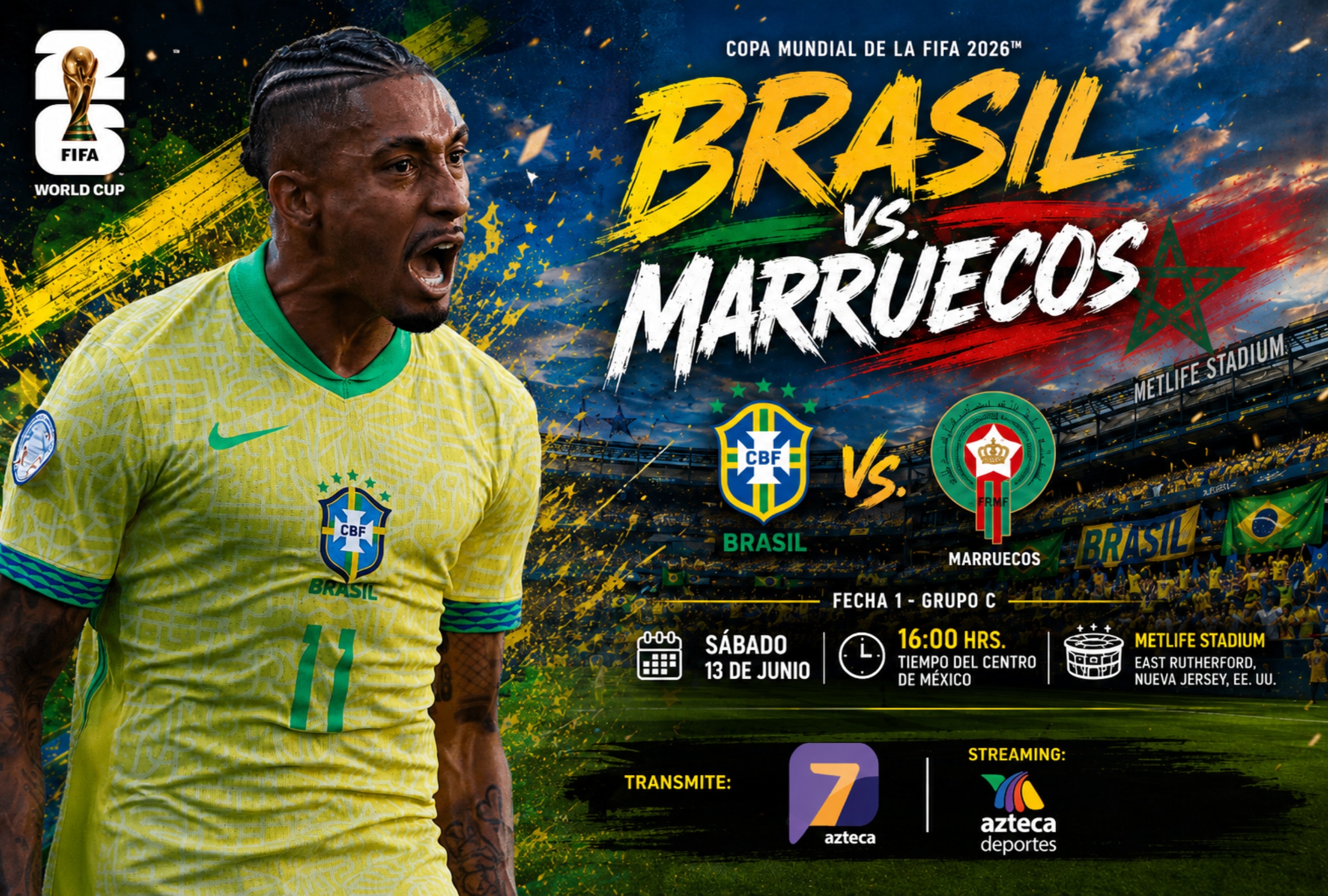 EAST RUTHERFORD, NUEVA YORK (ESTADOS UNIDOS), 13/06/2026.- Cobertura oficial de TV Azteca Siete (Canal 7) EN VIVO GRATIS para ver el partido Brasil vs. Marruecos hoy por la jornada 1 del grupo C en el MetLife Stadium de East Rutherford, Nueva York. FOTO DE NOÉ YACTAYO