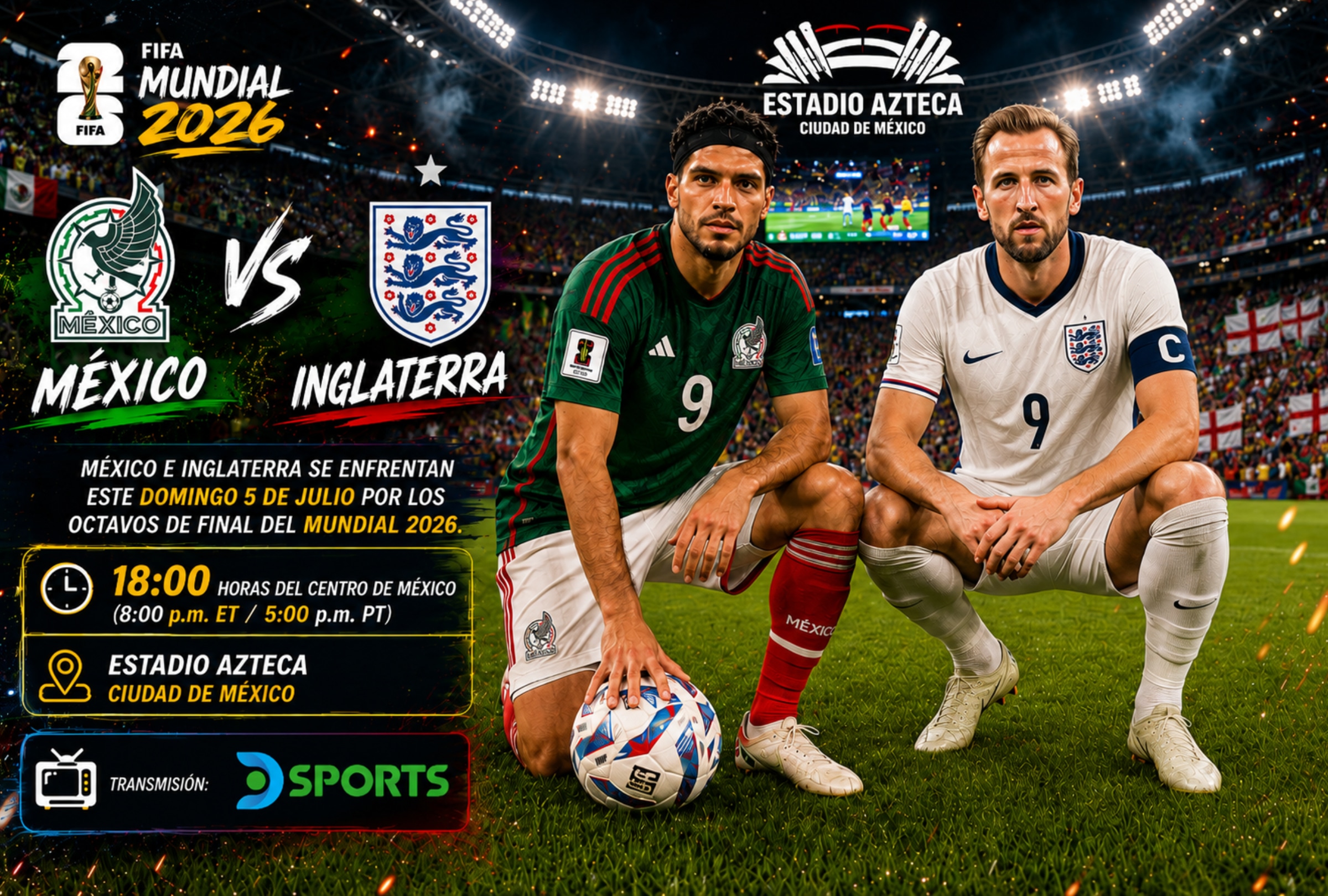 CIUDAD DE MÉXICO, CDMX (MÉXICO), 05/07/2026.- Cobertura oficial de DIRECTV Sports (DGO) EN VIVO ONLINE para mirar el partido México vs. Inglaterra hoy por los octavos de final del Mundial 2026 en el Estadio Azteca de la Ciudad de México. FOTO DE NOÉ YACTAYO