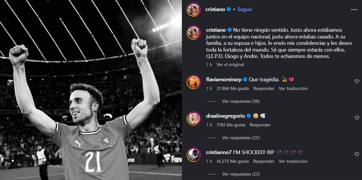 Mensaje de despedida de Cristiano Ronaldo a Diogo Jota. (Captura Instagram)