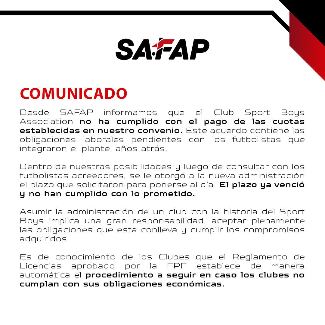 Comunicado de SAFAP sobre Sport Boys | FOTO: SAFAP