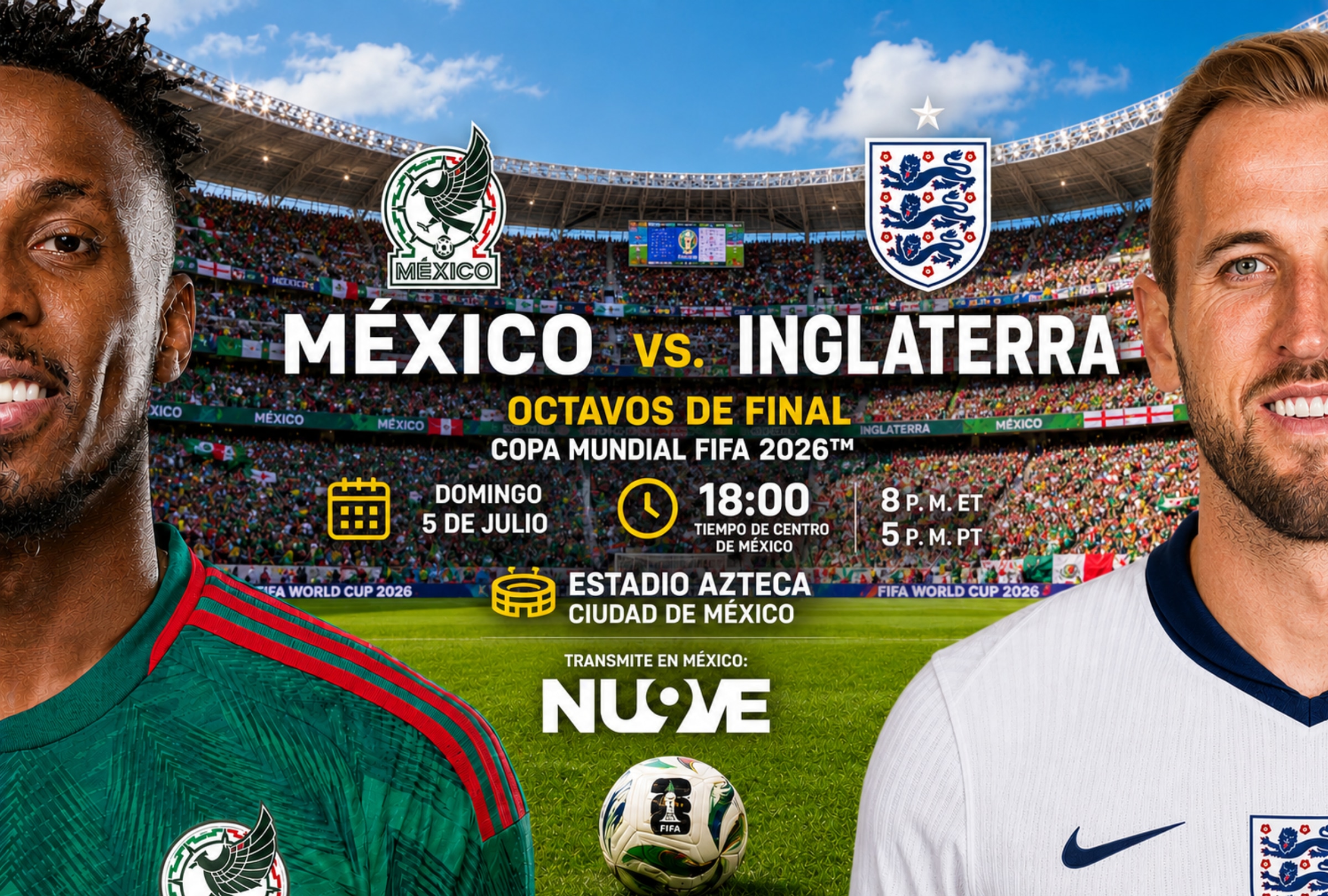 CIUDAD DE MÉXICO, CDMX (MÉXICO), 05/07/2026.- Cobertura oficial de Nu9ve (Canal 9) EN VIVO GRATIS para ver el partido México vs. Inglaterra hoy por los octavos de final del Mundial 2026 en el Estadio Azteca de la Ciudad de México. FOTO DE NOÉ YACTAYO
