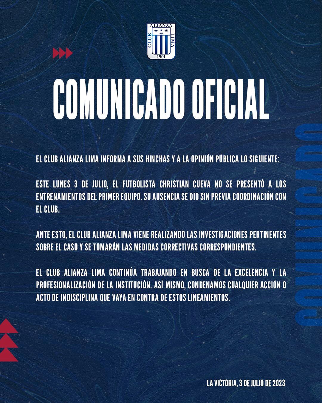 El comunicado de Alianza Lima en redes sociales. (Foto: Alianza Lima)