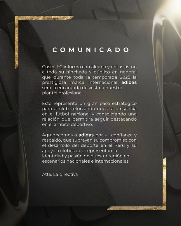 Cusco FC anunció que Adidas será la encargada de vestir a su equipo profesional. (Captura)