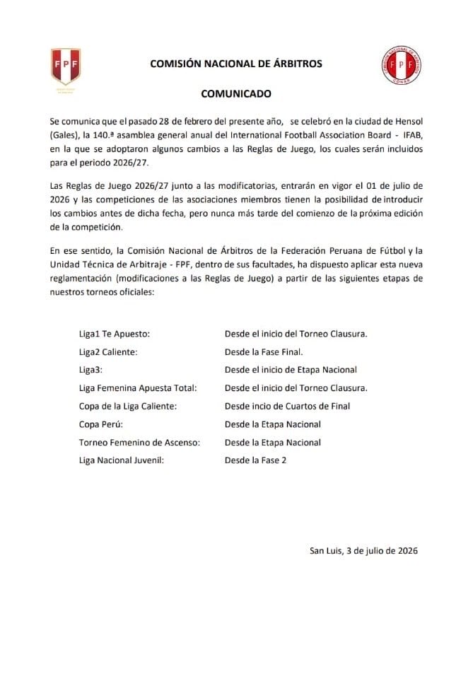FPF dio a conocer la aplicación de las nuevas reglas de juego para el Torneo Clausura 2026. (Imagen: FPF)