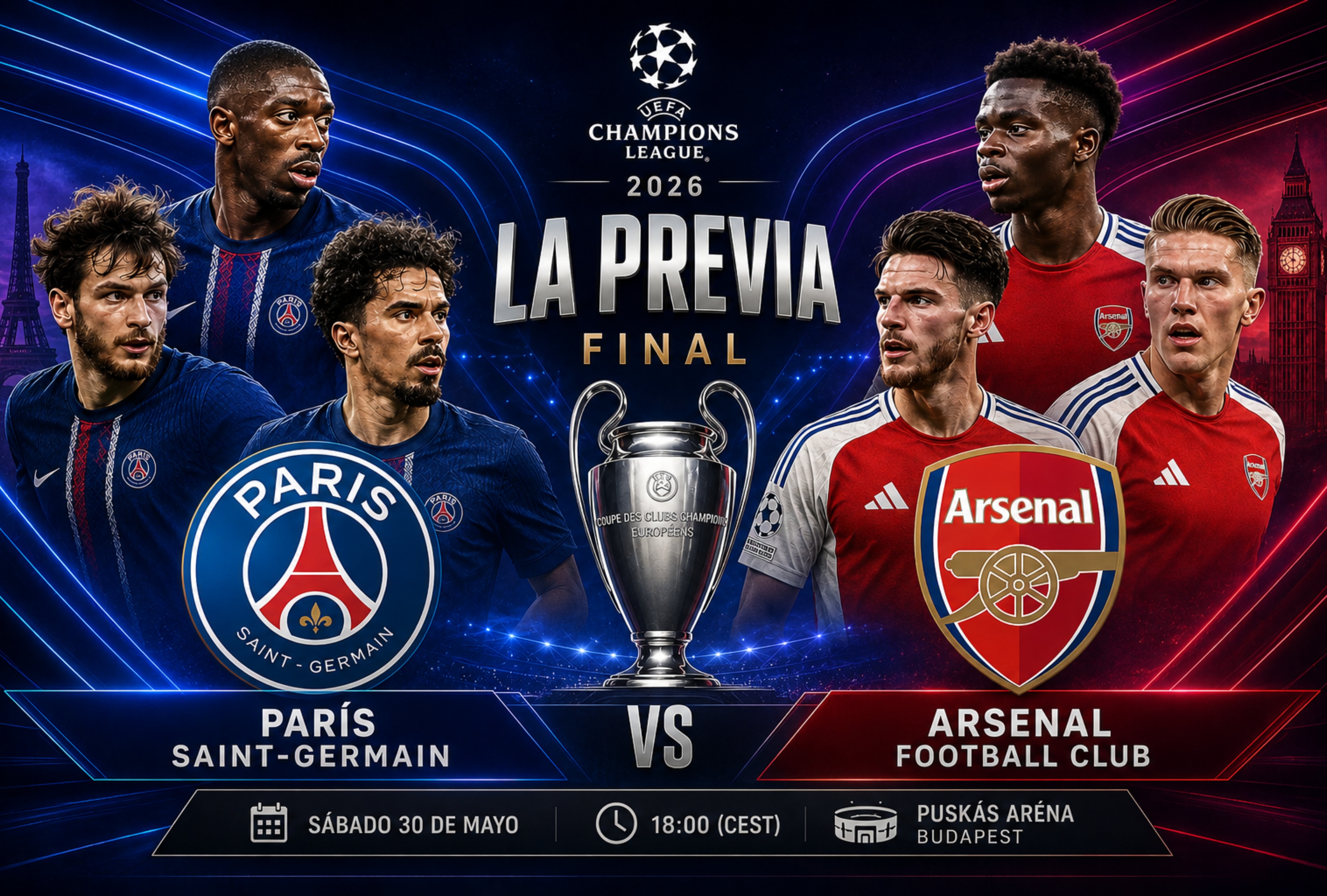Descubre quién ganó el partido PSG vs. Arsenal en la final de la Champions League 2026, así como el marcador final en directo online y cómo se definió el título europeo tras un intenso enfrentamiento futbolístico disputado en la cancha del Puskás Aréna de Budapest. | Imagen creada por El Comercio MAG utilizando la IA de Gemini