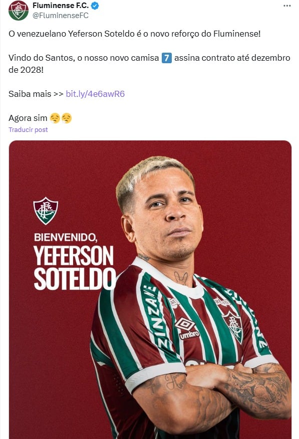 Yeferson Soteldo es nuevo jugador del Fluminense de Brasil. (Captura)