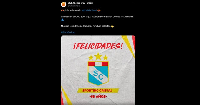Atlético Grau saludó a Sporting Cristal por su aniversario. (Foto: Twitter)
