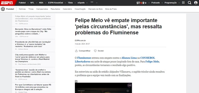 La reacción de los medios brasileños tras el empate entre Alianza Lima y Fluminense. (Imagen: Captura)