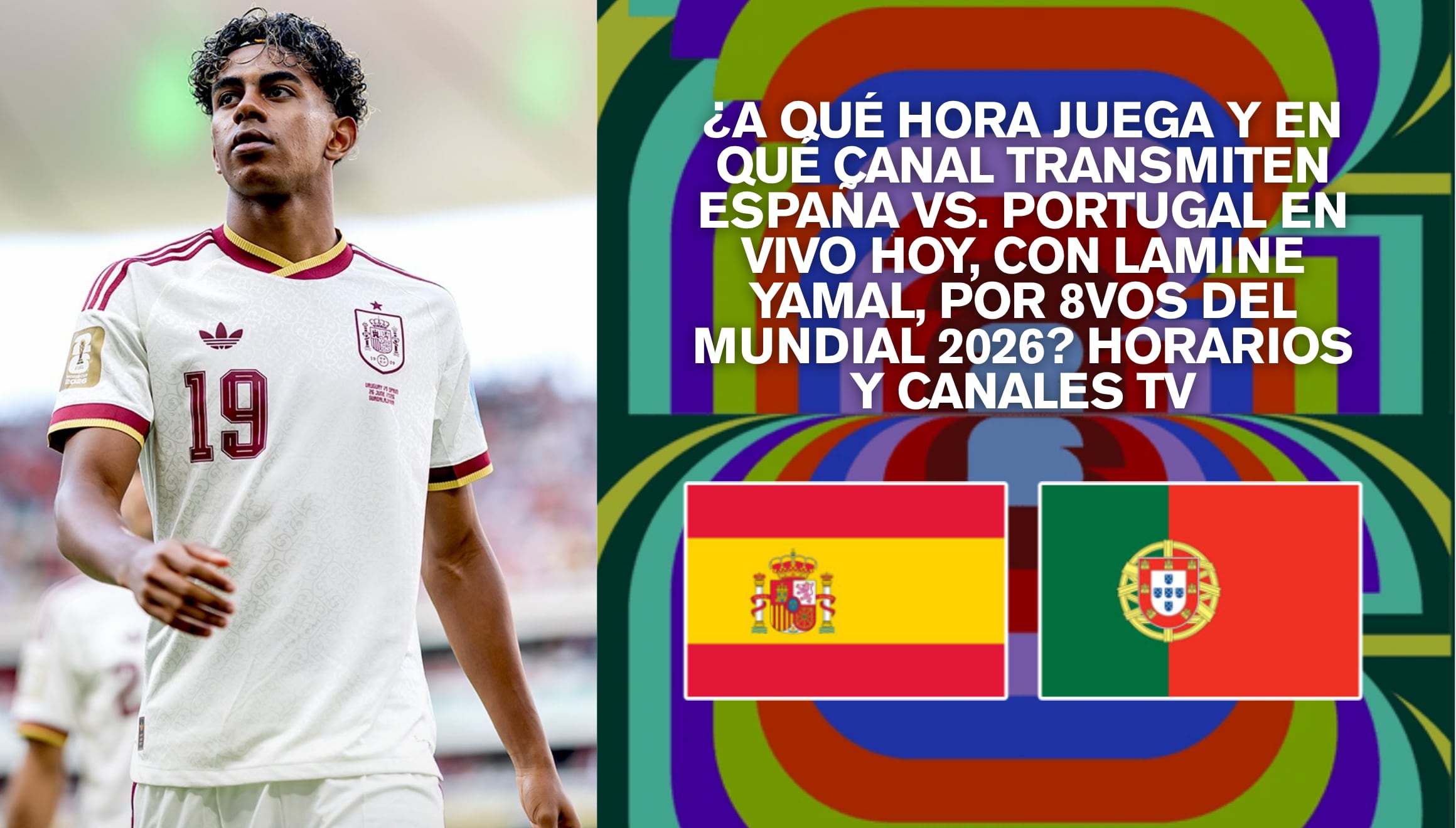 El delantero Lamine Yamal durante el partido de España vs. Portugal en vivo hoy por la Copa Mundial FIFA. Revise los horarios oficiales y canales de televisión abierta en el mundo. | Crédito: @sefutbol / Instagram / fifa.com / Composición Gestión Mix