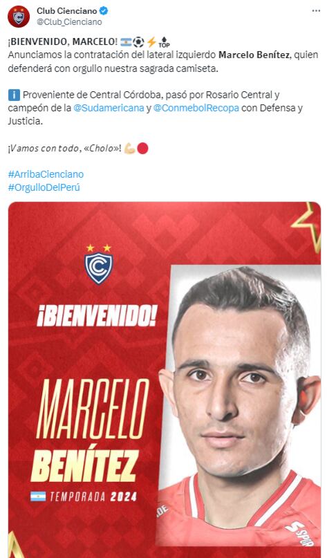 Marcelo Benítez es el nuevo refuerzo de Cienciano. (Foto: Twitter)