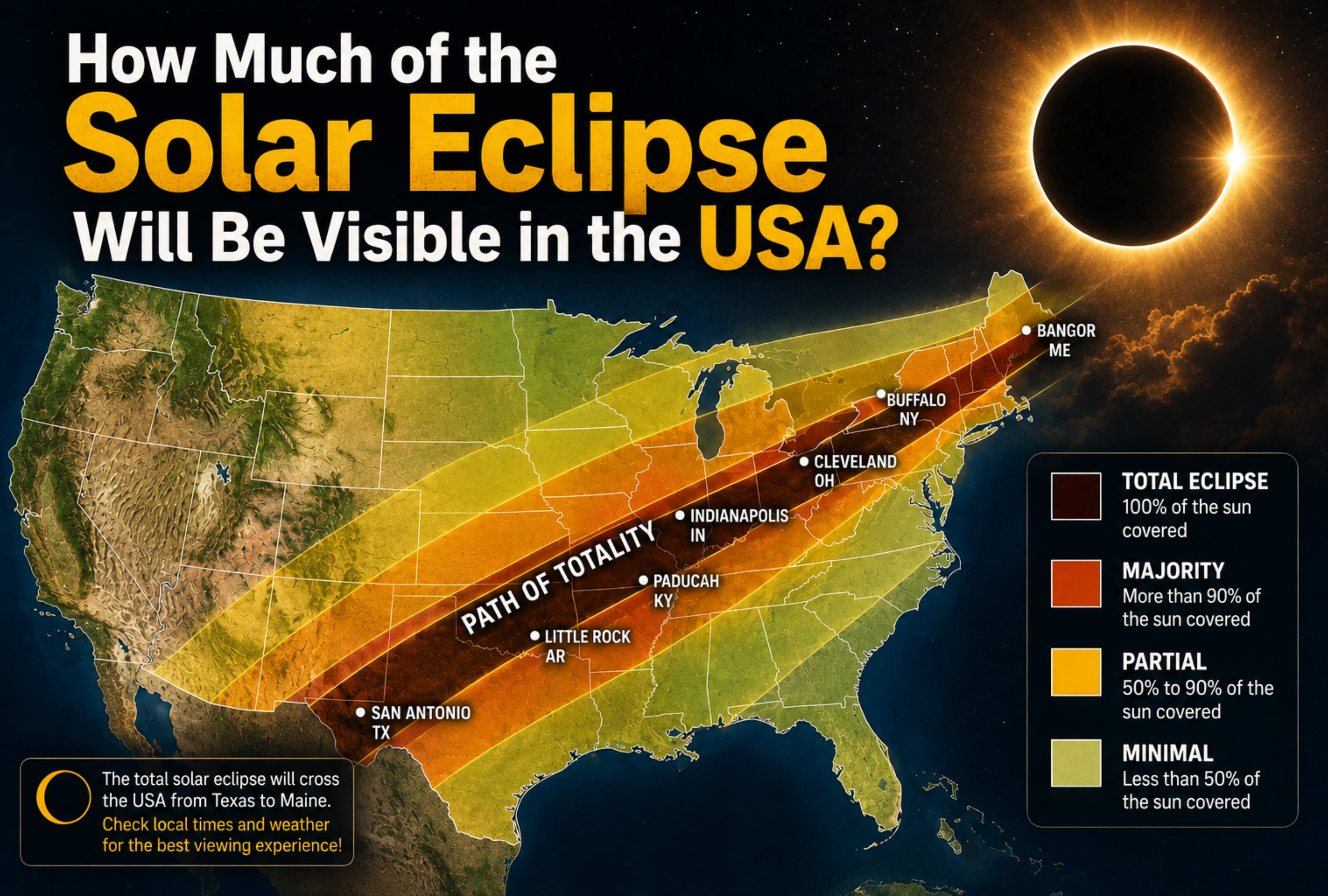 City-by-city coverage percentages for the August 12 solar eclipse in the United States. Check how much of the sun will be obscured in major metropolitan areas during maximum alignment. | Referencial image created by Depor using Chat GPT AI / GEC