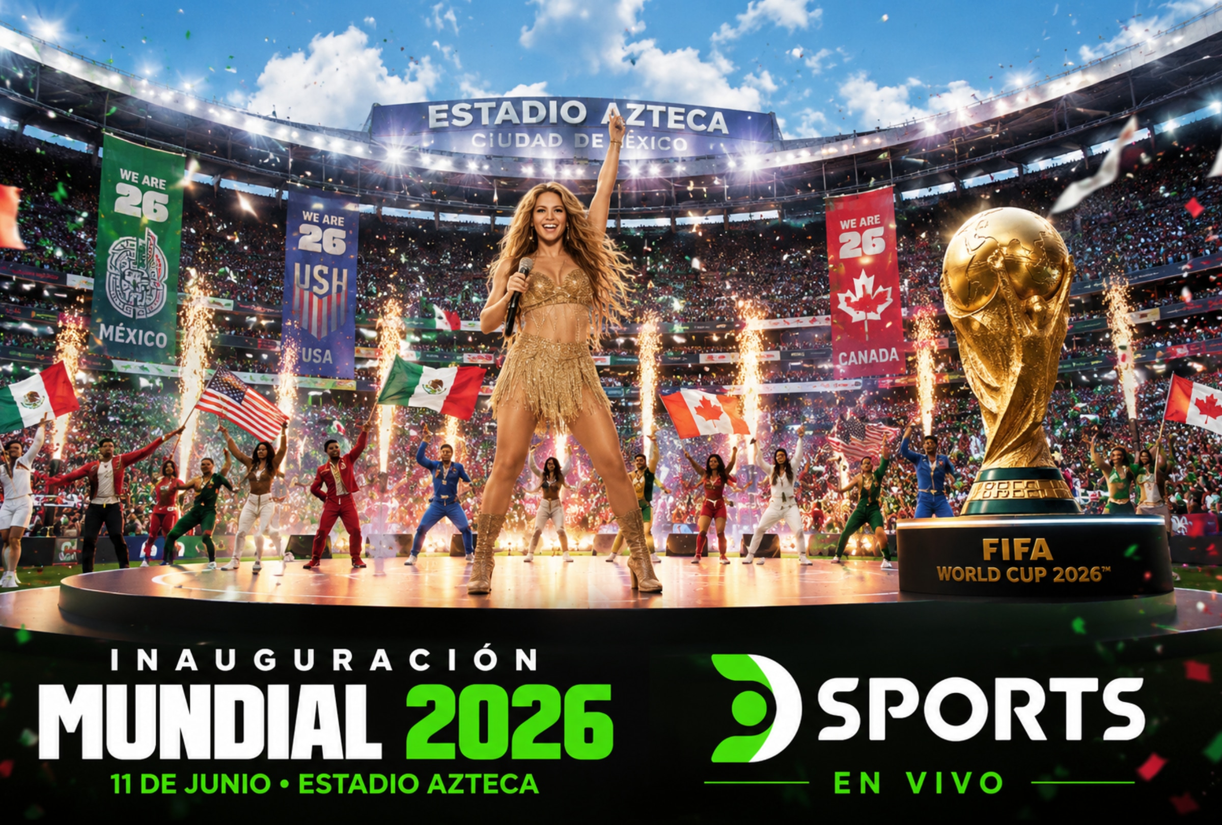 CIUDAD DE MÉXICO (MÉXICO), 11/06/2026.- Cobertura oficial de DIRECTV Go (DGO) y DIRECTV Sports EN VIVO GRATIS para ver la inauguración de la Copa Mundial 2026 con el show musical de Shakira en el Estadio Azteca de la Ciudad de México. FOTO DE NOÉ YACTAYO GENERADA CON IA DE CHATGPT PARA DEPOR.COM