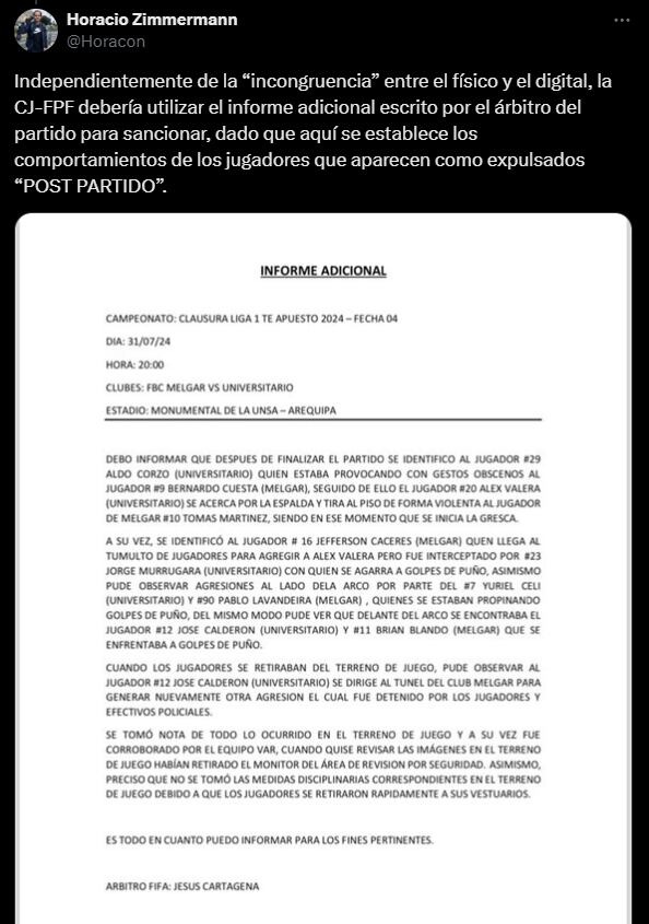 Informe del árbitro Jesús Cartagena, tras el U vs. Melgar. (Captura: X / @Horacon)