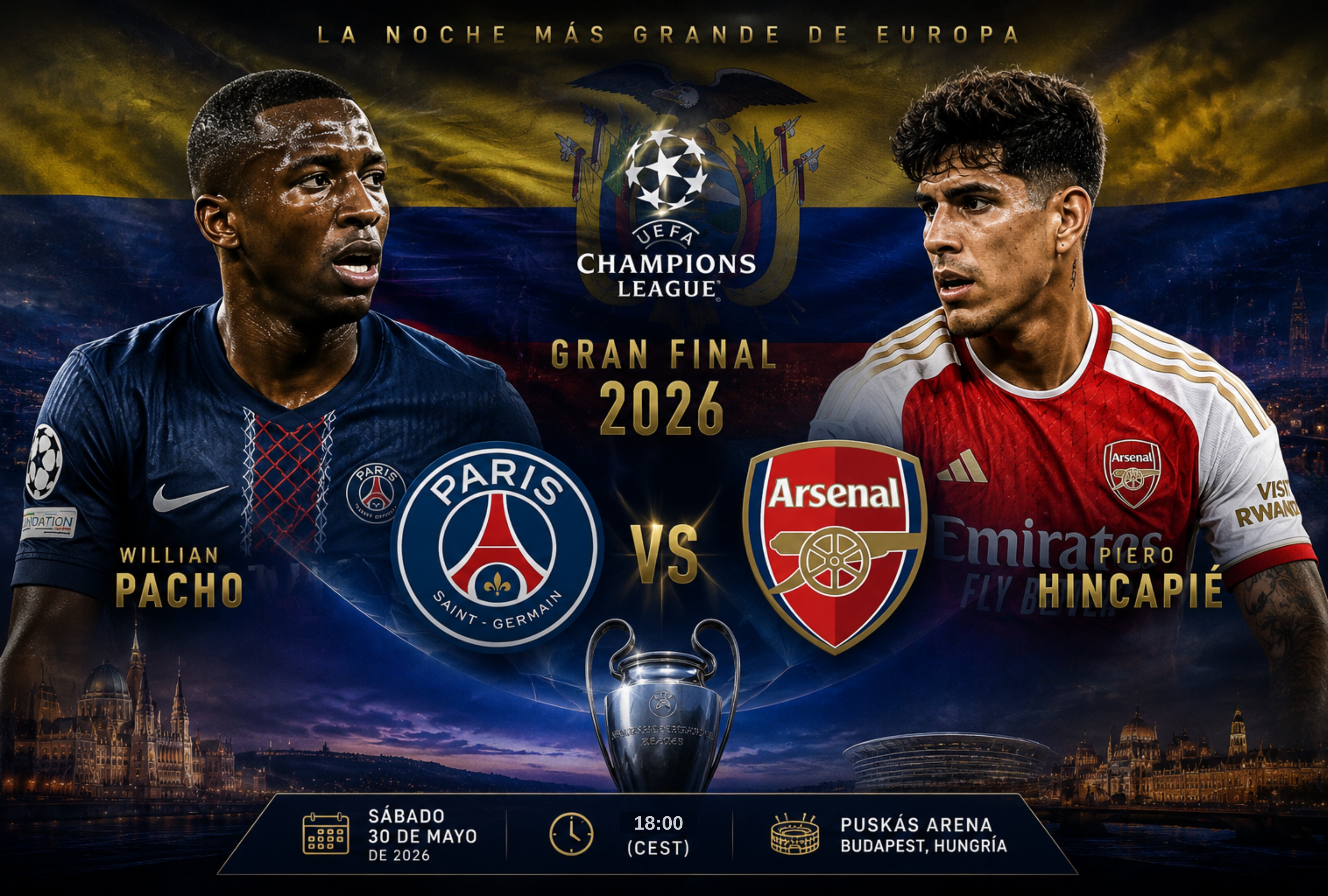 Cruce defensivo entre Piero Hincapié del Arsenal y Willian Pacho del PSG en la final de la Champions League 2026. Conozca el resultado en directo y qué jugador ecuatoriano se coronó campeón del torneo europeo hoy. | Imagen creada por Depor utilizando la IA de Chat-GPT