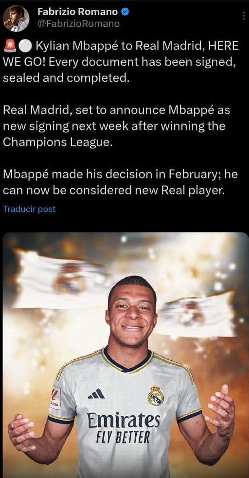 La publicación de Romano sobre Mbappé.