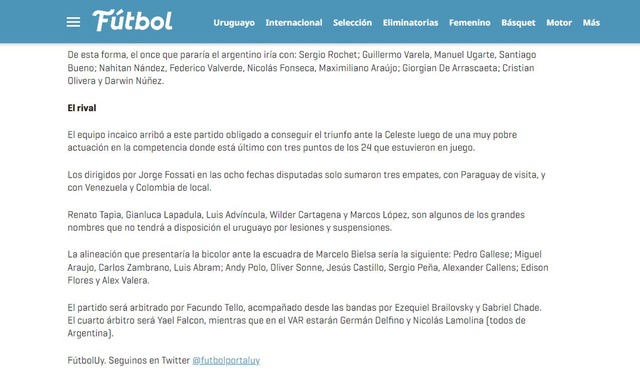 Fútbol.uy apunta a las bajas de Perú para recibir a Uruguay.