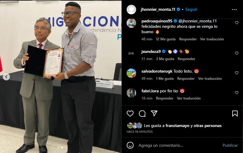 La publicación de Jhonnier Montaño Jr. en redes sociales. (Captura: Instagram)