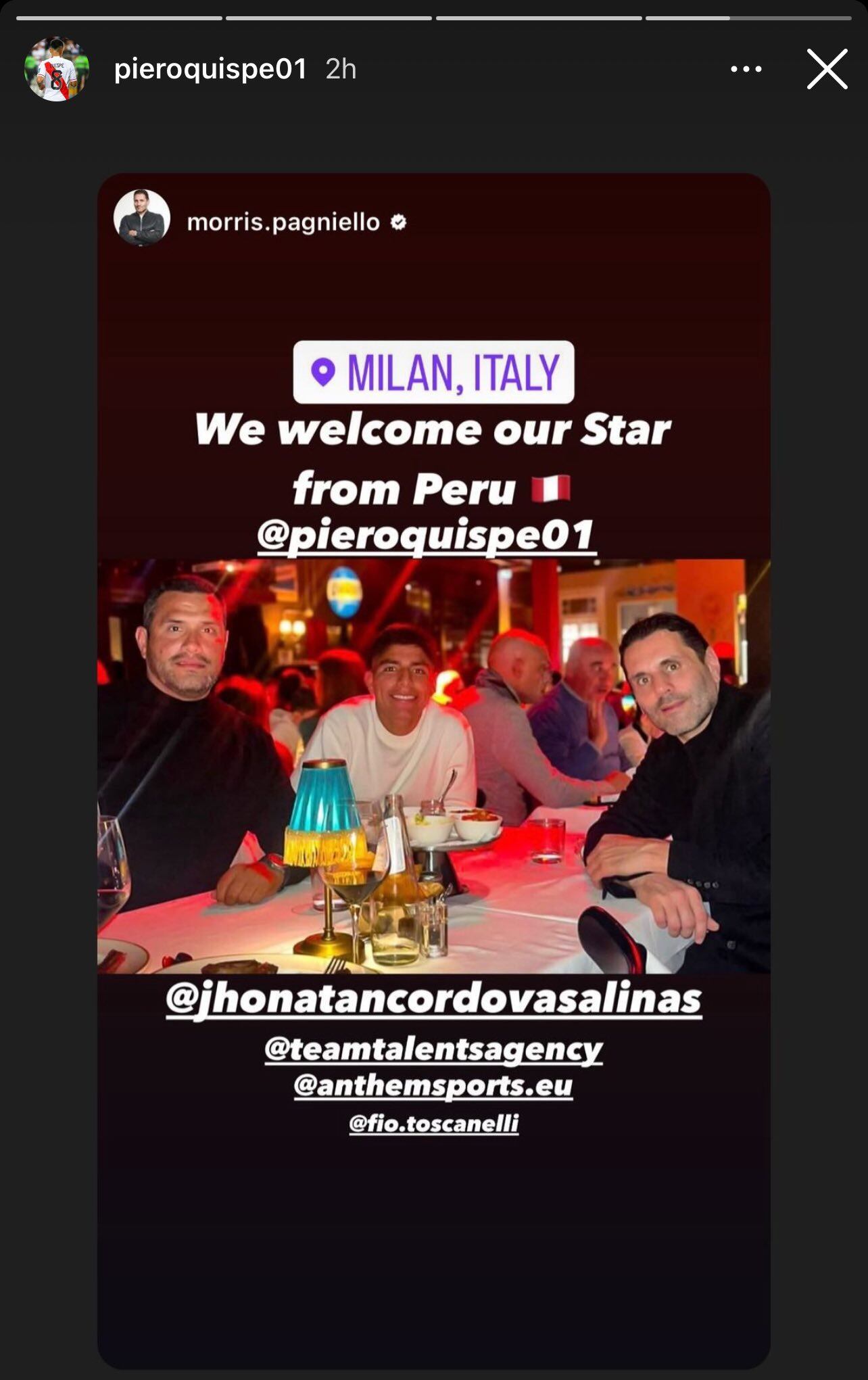 Piero Quispe se reunió con reconocido agente FIFA de Europa, durante sus vacaciones por Italia.