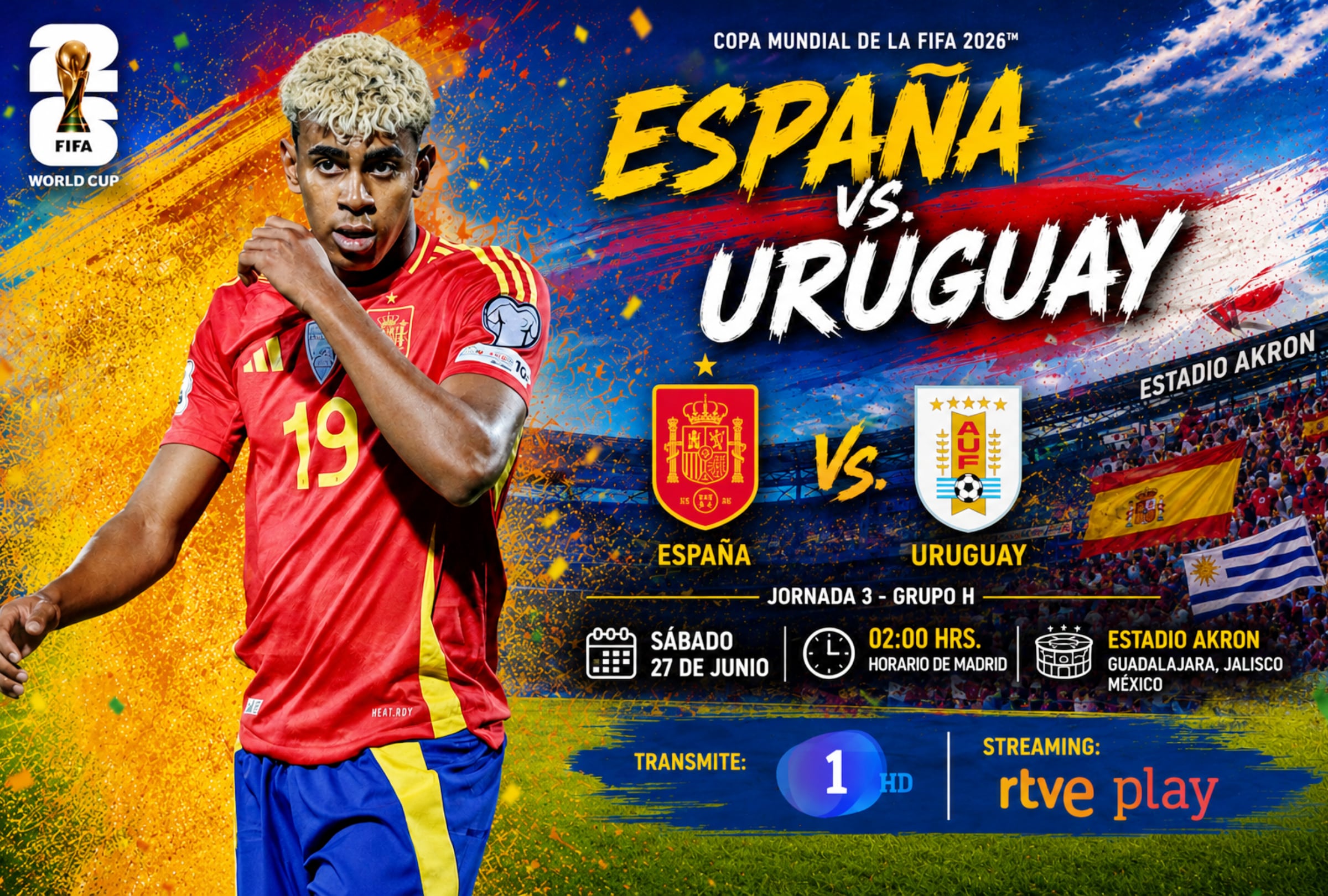 GUADALAJARA, JALISCO (MÉXICO), 26/06/2026.- Cobertura oficial de RTVE Play Mundial y Canal La 1 HD EN DIRECTO ONLINE para ver el partido España - Uruguay hoy por la fecha 3 del grupo H del Mundial 2026 en el Estadio Akron de Guadalajara, Jalisco. FOTO DE NOÉ YACTAYO