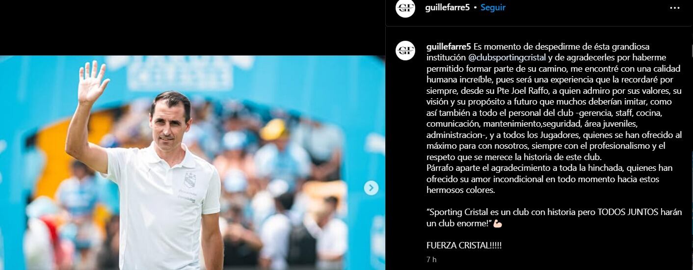 Comunicado de Guillermo Farré en su cuenta de Instagram. (Captura)