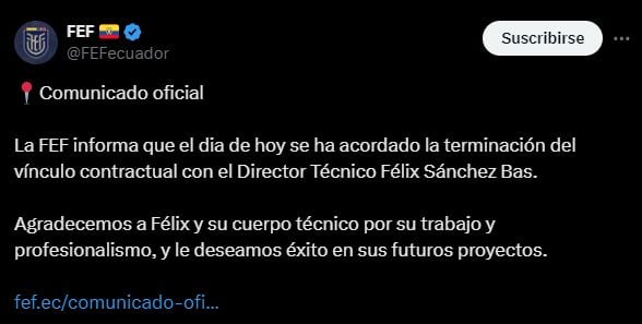 Así anunció la Federación Ecuatoriana de Fútbol la salida de Sánchez Bas.