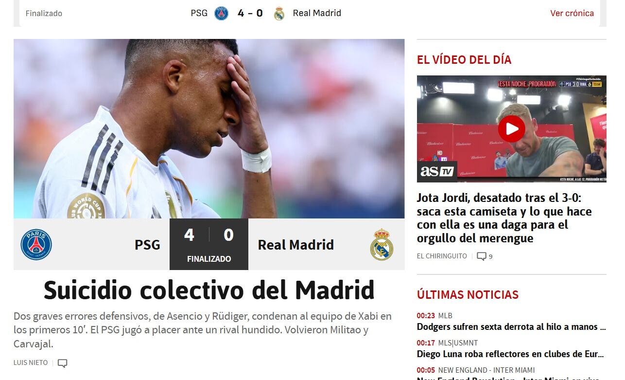 Real Madrid recibió ola de críticas, tras goleada ante PSG. (Captura: Diario AS)