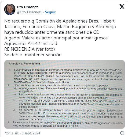Ordónez criticó reducción de castigo a Álex Valera, delantero de Universitario de Deportes. (Foto: X)