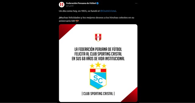 FPF saludó a Sporting Cristal por su aniversario. (Foto: Twitter)