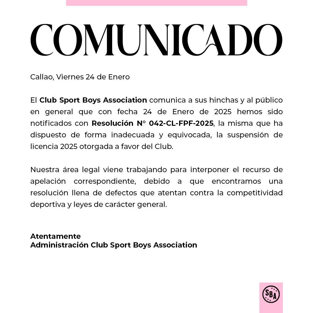 El comunicado de Sport Boys sobre la suspensión de su licencia. (Imagen: Sport Boys)