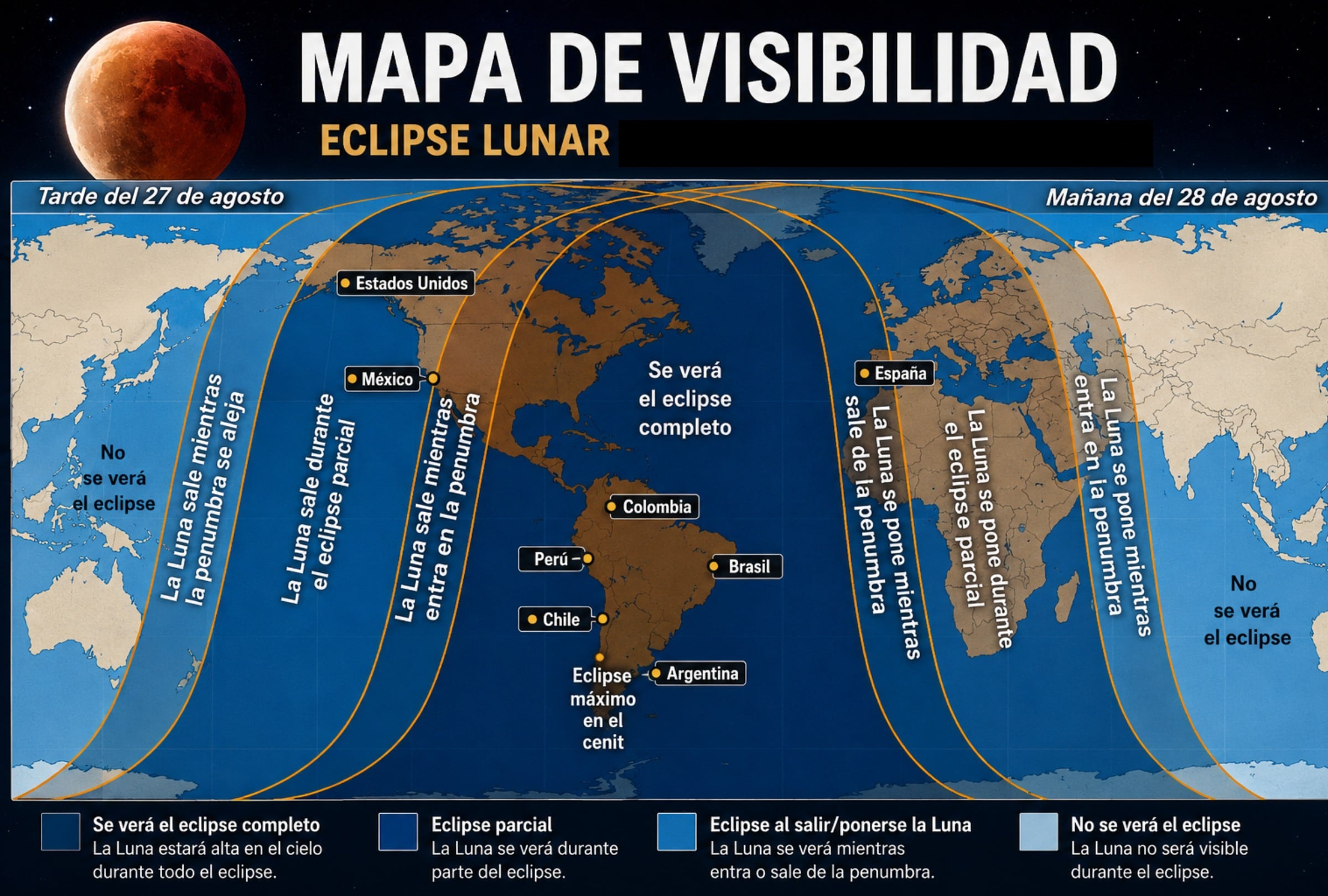 Mapa de visibilidad del eclipse lunar que se realizará entre el 27 y 28 de agosto. Imagen creada por ChatGPT y la NASA.